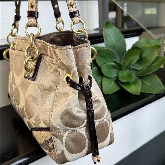 Coach Signature canvas Leather Shoulder Tote Purse Python Embossed Detail F19304 - Picture 2 of 9